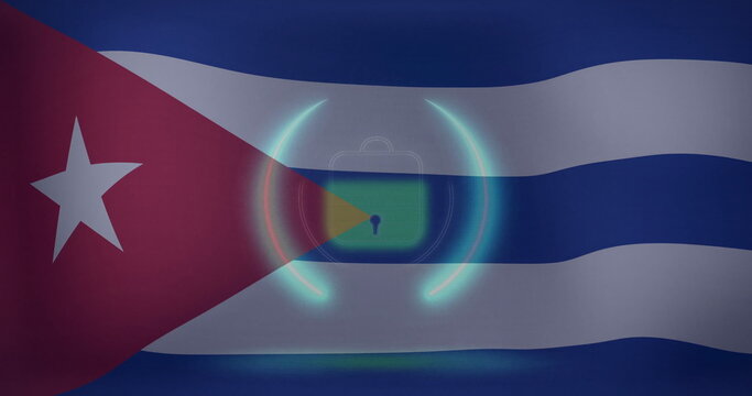 Naklejki Displaying translucent green padlock icon representing encryption over Cuban flag, with cyan arcs