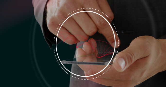 Tapping smartphone screen with suited hands in digital interface overlay, showing red DNA helix