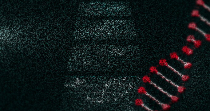 Displaying glowing red DNA double helix rotating in abstract background, bright nodes, copy space