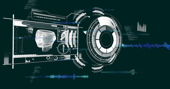 Spinning circular HUD in console with wireframe head panel, charts with DNA helix, code and waves