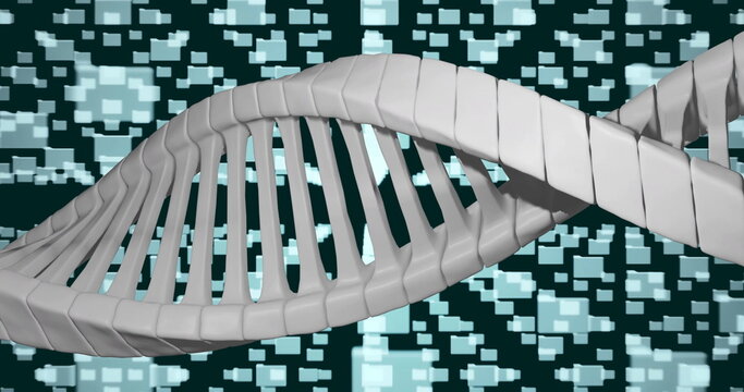 Displaying 3D grey DNA double helix model twisting across dark teal cyberspace, with pixel blocks - Powered by Adobe