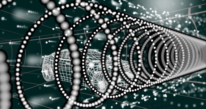 Fototapeta Gliding wireframe car traveling through green digital tunnel with glowing rings and light particles