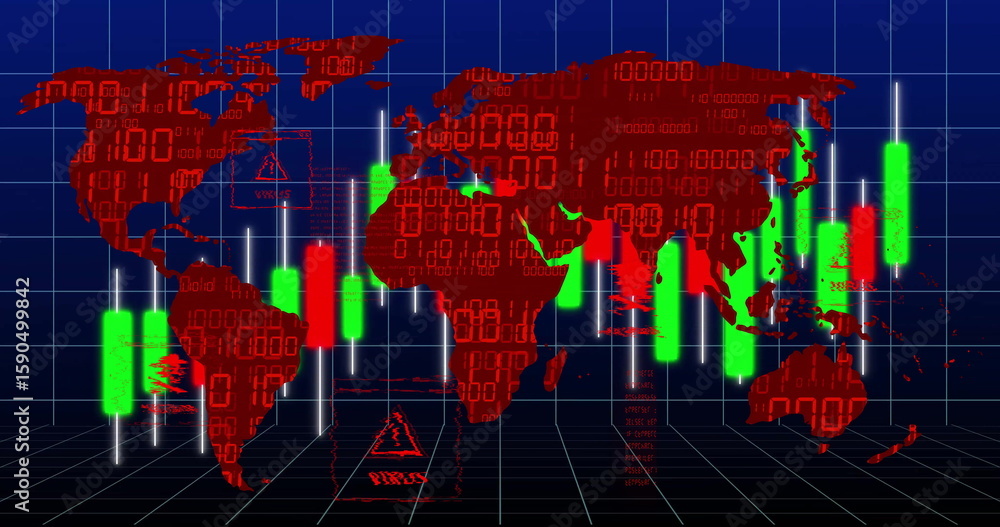 Poster displaying red world map with candlestick bars and binary digits on blue grid, with risks icon