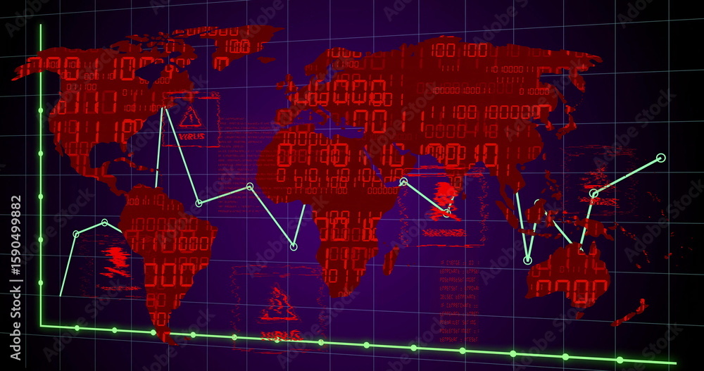 Poster displaying red binary world map tracing green line with nodes on purple grid, showing virus icons
