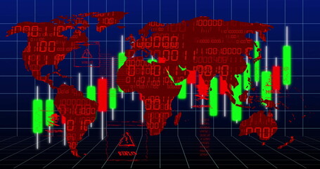 Displaying red world map with candlestick bars and binary digits on blue grid, with RISKS icon