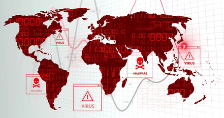 Displaying red global map in cybersecurity UI, with binary code, line charts, virus or malware alert