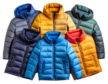 Top-Down Flat Lay of Multiple Colorful Down Jackets Spread Out, Isolated