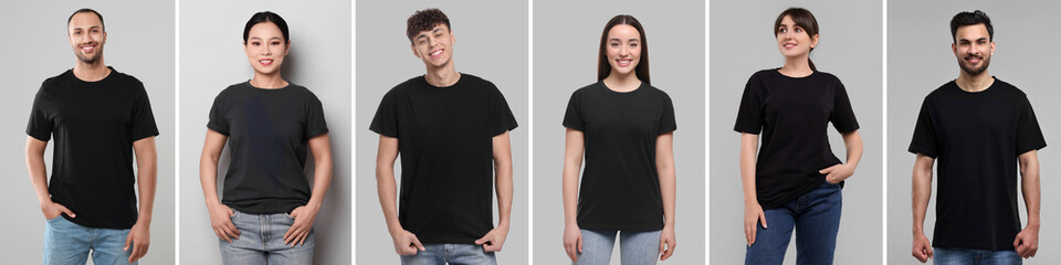 Different people in black t-shirts against grey background. Mockup for design