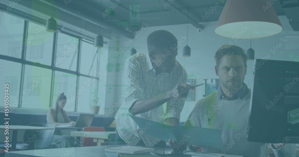 Poster leaning black worker pointing at computer screen while manager reviewing folder in modern office
