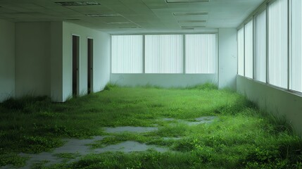 An abandoned office space overtaken by green grass and natural light through large windows, blending indoor environment with nature.