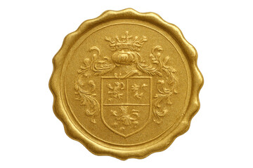 Golden seal with crown, coat of arms, and transparent background, representing nobility, authority, and authenticity