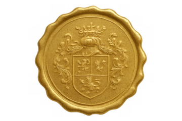 Golden seal with crown, coat of arms, and transparent background, representing nobility, authority, and authenticity