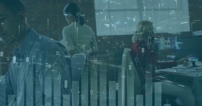 Collaborating three coworkers studying stock data on monitors in office, with candlestick overlay