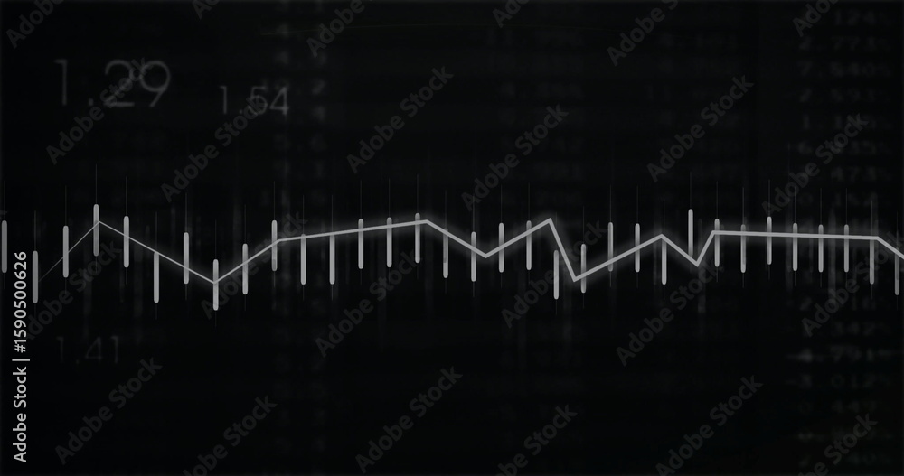 Poster showing white line graph fluctuating on dark display, with tick bars and numeric labels