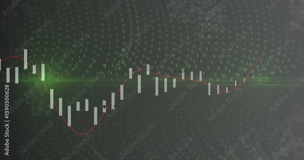 Poster displaying candlestick chart featuring red trend line on screen, with binary digits and hex grid