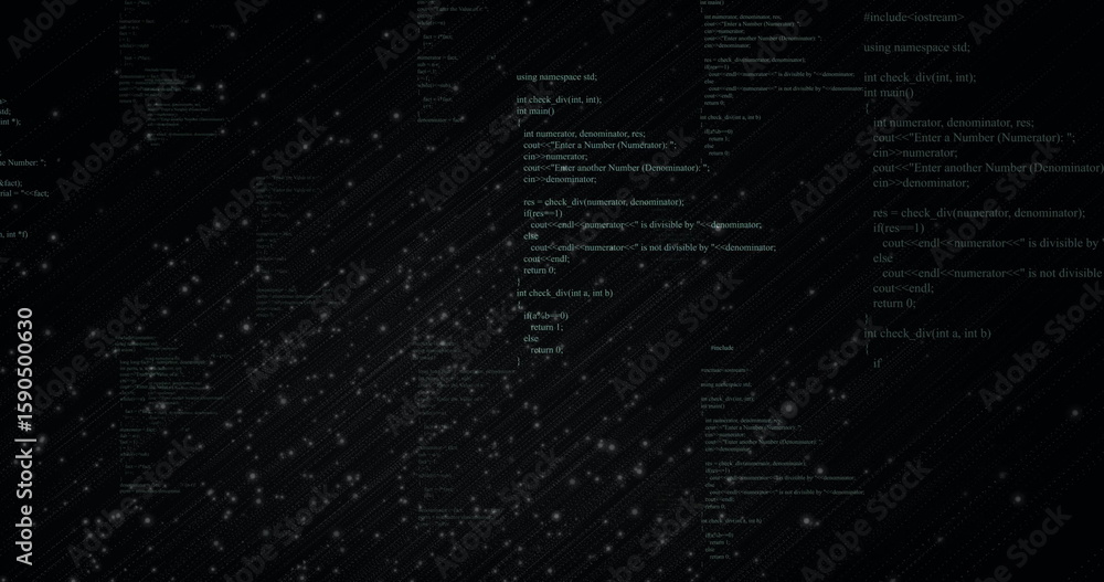 Poster Displaying vertical C++ code blocks showing include directives on digital interface, with starfield