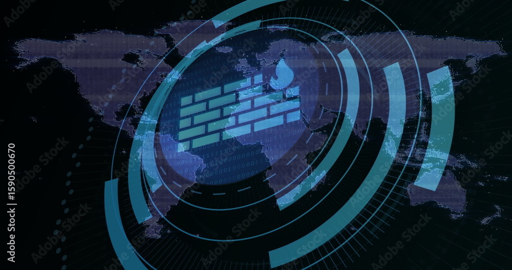 Poster overlaying central firewall symbol on dashboard interface, with world map, hud and binary code
