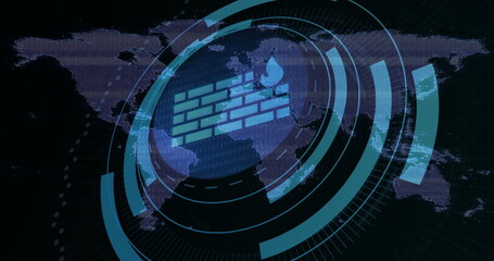 Overlaying central firewall symbol on dashboard interface, with world map, HUD and binary code