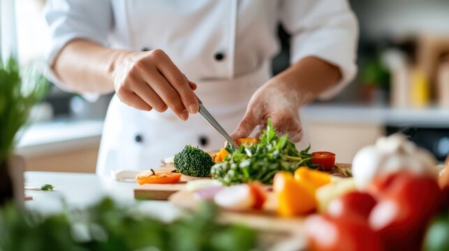 Hands of a woman chef preparing fresh vegetables in a minimal kitchen - Powered by Adobe