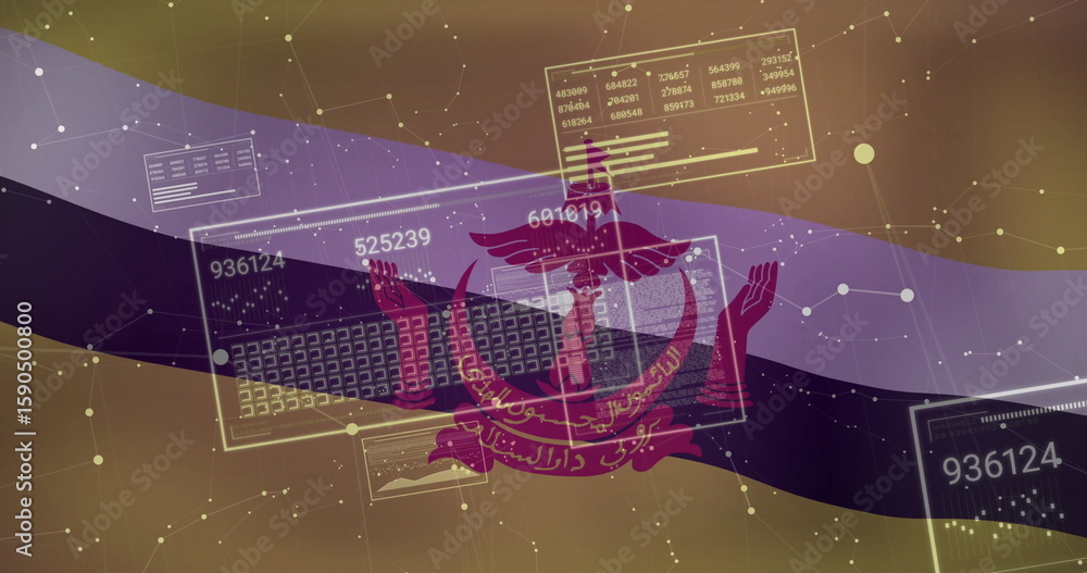 Poster displaying brunei flag bands and crest over digital network environment, with data panels