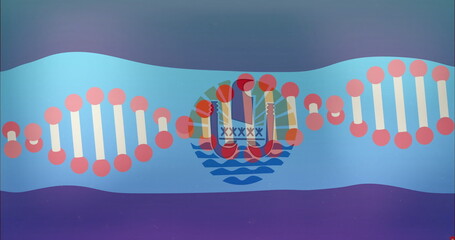 Running DNA helix across ribbon gradient, featuring circular emblem with sun canoe waves paddles