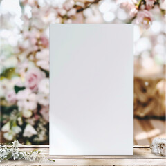 Wedding invitation design mockup on rustic table outdoors with scenic background of blooming flowers and leafy trees, ideal for nature-themed events
