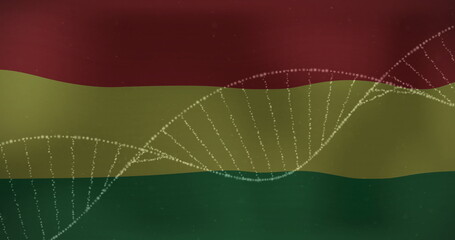 Undulating dotted DNA double helix moving across horizontal digital bands, showing genetic concept