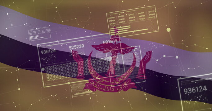 Naklejki Displaying Brunei flag bands and crest over digital network environment, with data panels