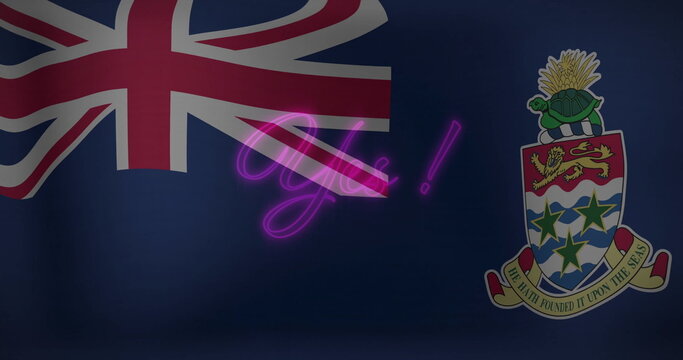 Naklejki Featuring blue flag on poster, with Union Jack, coat of arms shield, neon purple cursive Y!