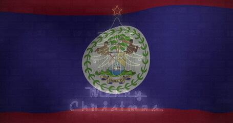 Glowing neon Christmas tree outlining Belize coat of arms on brick wall, Merry Christmas text