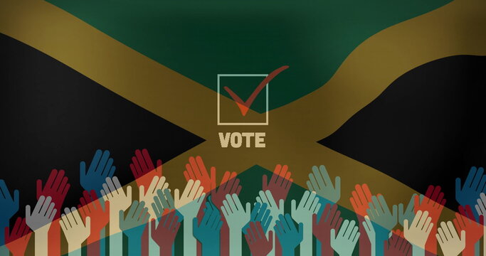 Naklejki Featuring vote checkbox with red check mark and VOTE on Jamaican flag poster, raising colored hands
