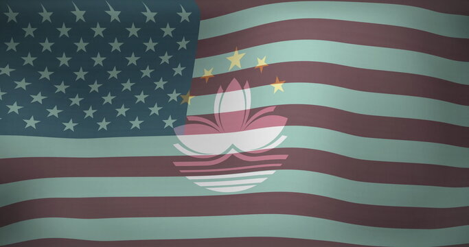 Naklejki Showcasing flag graphic merging US flag stripes with Macau emblem on illustration, with lotus waves