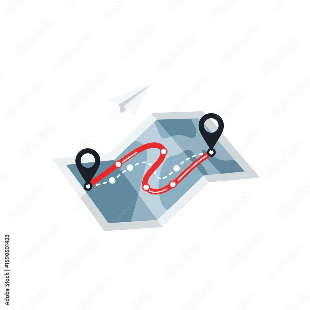 Poster a map with a marked route and location pins against a white background.