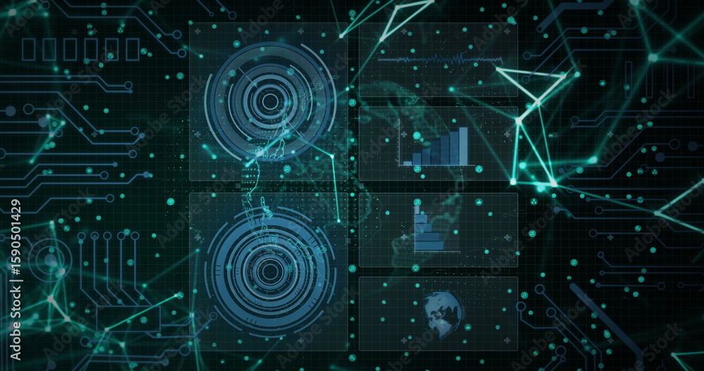 Poster displaying five data panels in virtual control panel, with glowing network nodes and circuit traces