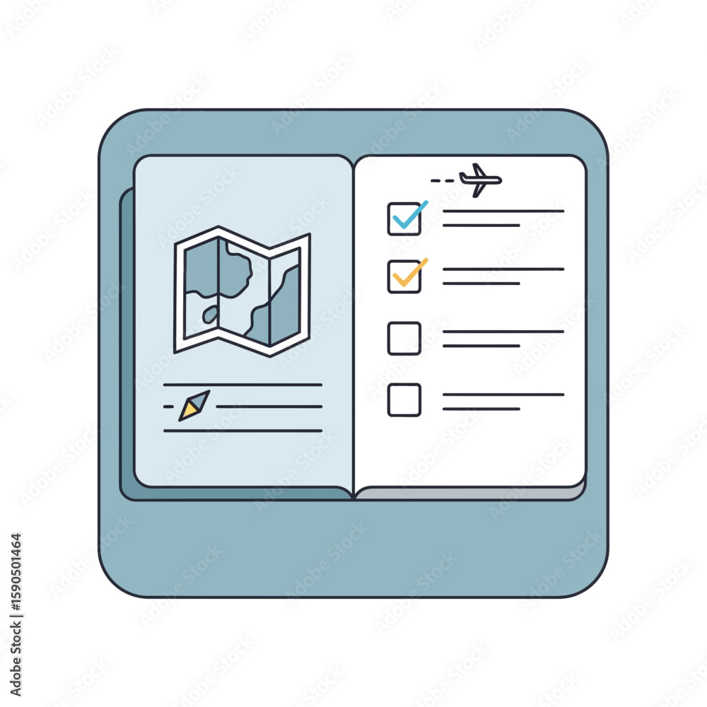 Poster icon of a map and checklist on a blue rounded square background.