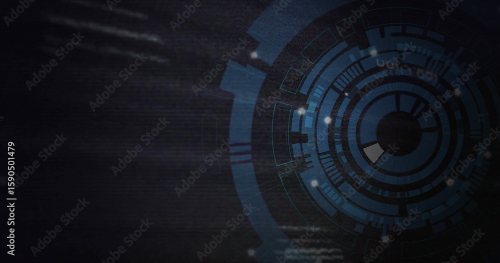 Poster displaying hud with rings, segments and nodes floating in scifi display, glitch lines, copy space