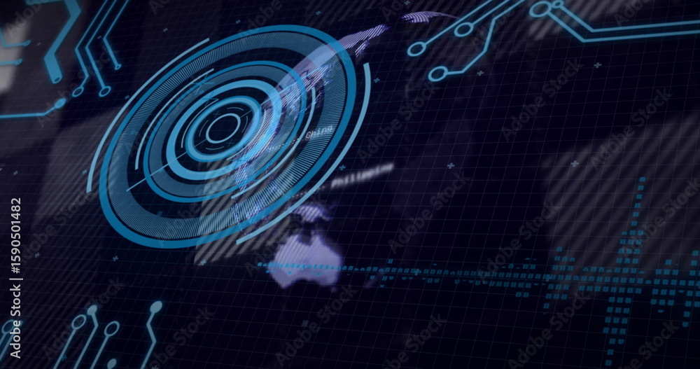 Poster displaying blue concentric hud overlaying world map and circuit traces, on dark grid interface