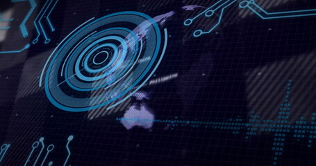 Displaying blue concentric HUD overlaying world map and circuit traces, on dark grid interface