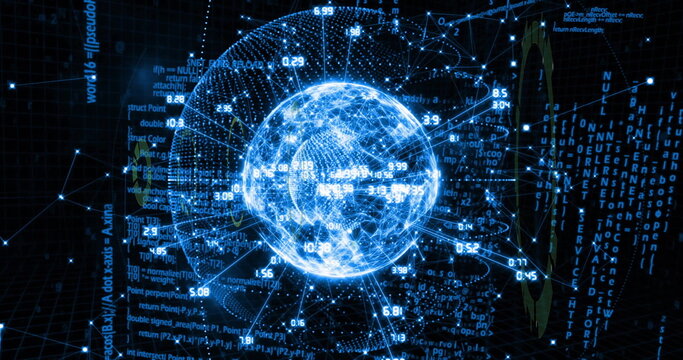 Floating digital globe representing data network in grid, with numeric overlays and light trails
