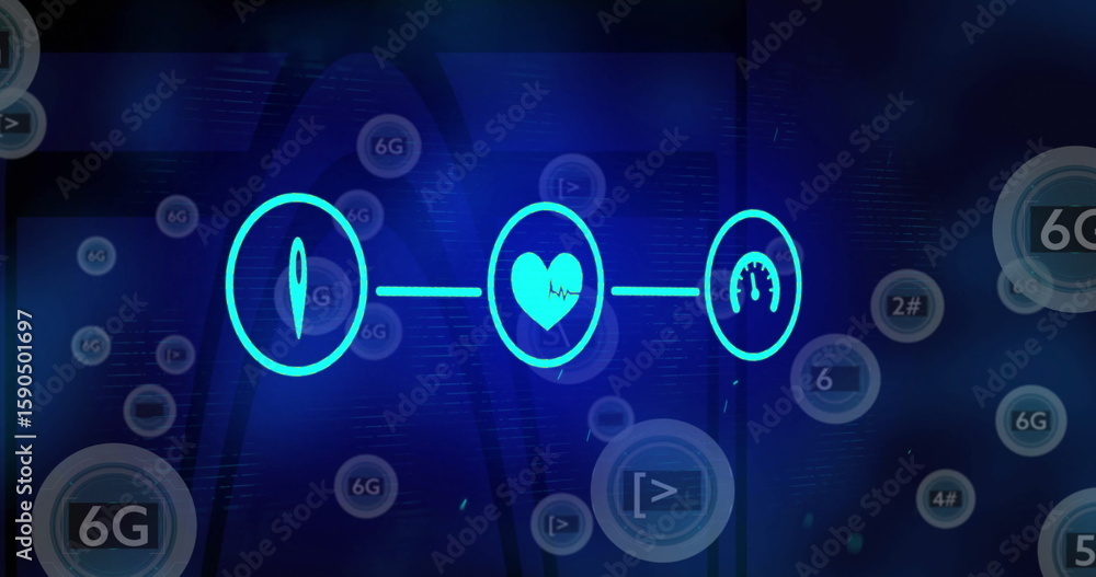 Poster displaying three linked neon icons glowing on dark blue network interface, with floating 6g circles