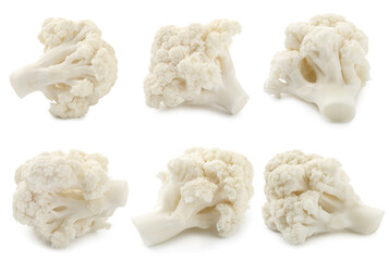 Many fresh cauliflower florets on white background, collage