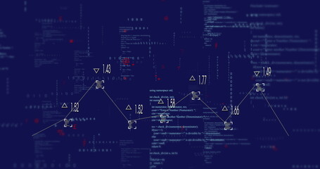 Displaying graph overlaying binary code on interface, connecting triangular markers and data boxes