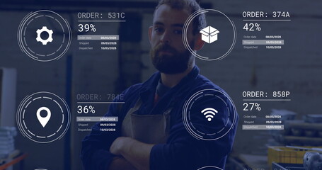 Showing bearded technician wearing navy jacket and apron in workshop, with AR order graphics