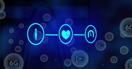 Displaying three linked neon icons glowing on dark blue network interface, with floating 6G circles