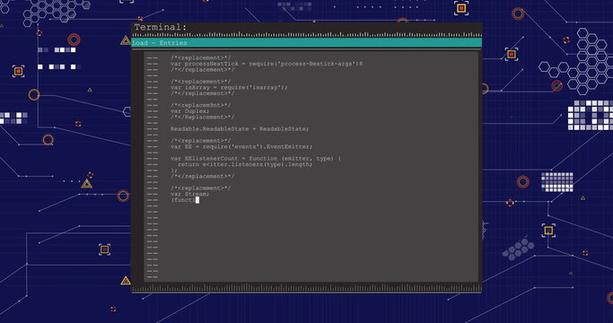 Displaying terminal window showing JavaScript code on blue circuit board, with hexagons and nodes