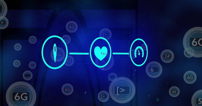 Displaying three linked neon icons glowing on dark blue network interface, with floating 6G circles - Powered by Adobe