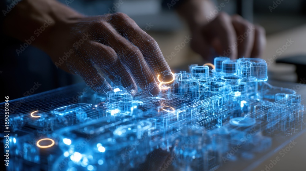 Poster engineer uses their hands to interact with a holographic projection of complex digital equipment, wi