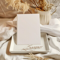 High-quality wedding card mockup styled with dried florals, textured paper, and boho rustic elements, ideal for showcasing design templates or branding