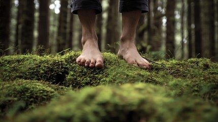 Bare feet stand on lush green moss in a serene forest, surrounded by tall trees and soft natural light.