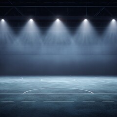 An empty indoor sports court illuminated by overhead lights, with visible court markings and a foggy atmosphere.